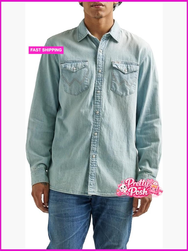 Long Sleeve Denim Shirt Button Down Snap Front Regular Fit